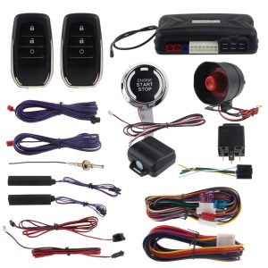 PKE car alarm remote engine start push button start shock alarm warning & automatic window close output.